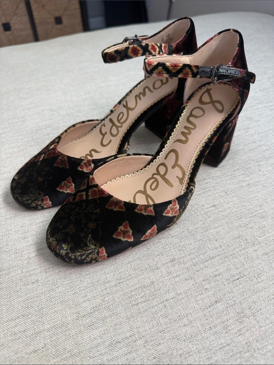 Sam Edelman Shoes - Sam Edelman Black Velvet Floral Ankle-Strap Block Heels